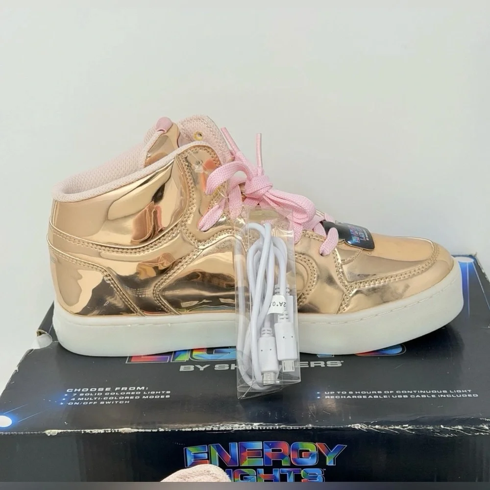 NEW Skechers Energy Lights Rose Gold Metallic LED High Top Shoes Kids 5 TESTED